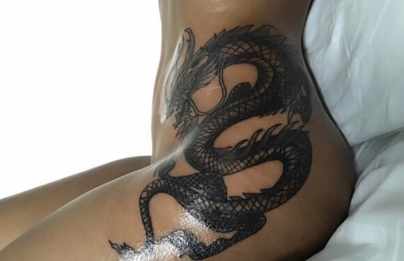 🖤 Татуировка — дракон на бедре — для девушек (28 фото)