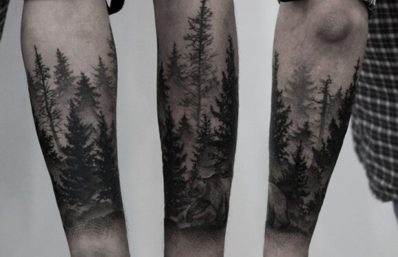 🖤 Мужские татуировки на ноге и руке — лес и пейзаж (48 фото)