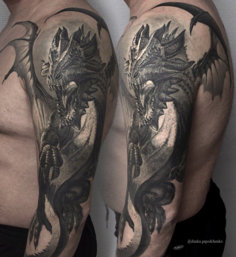 Мужское тату - дракон на плече (65 фото) 4 тату