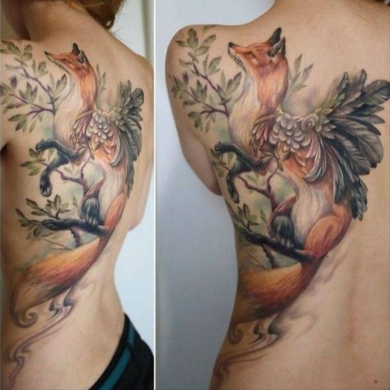Тату лиса на спине для девушек