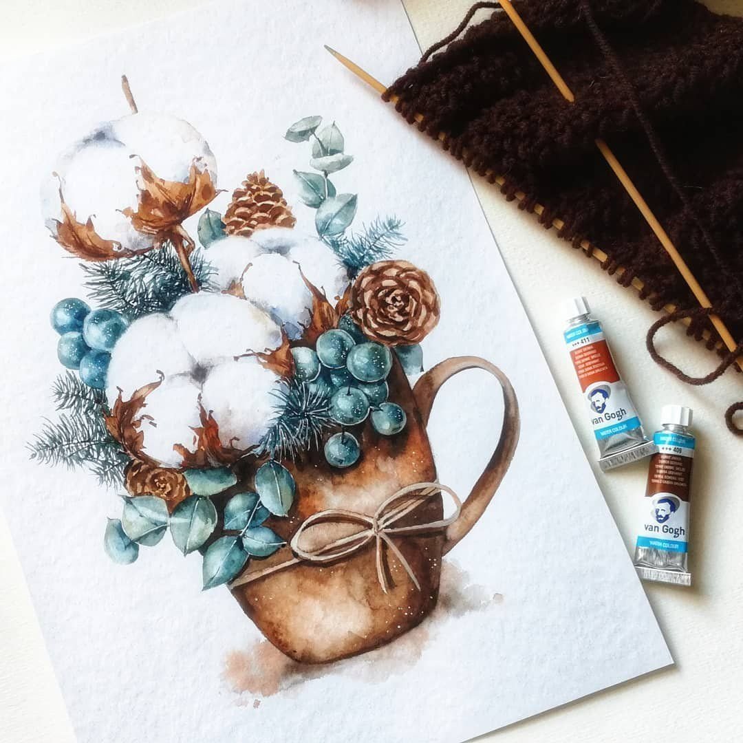 Новогодние открытки акварелью - очень нежные 15 открытки