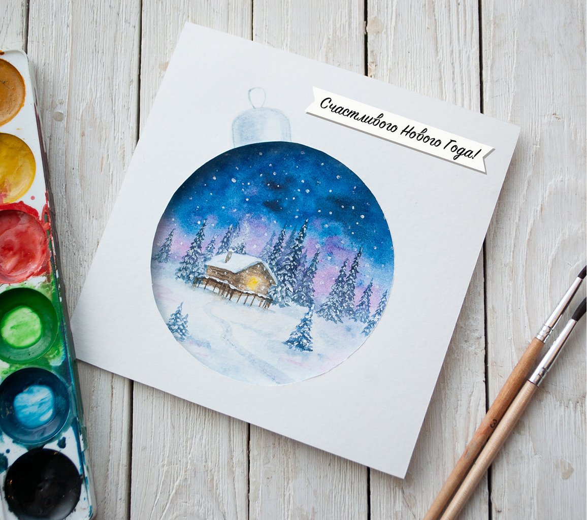 Новогодние открытки акварелью - очень нежные 16 открытки