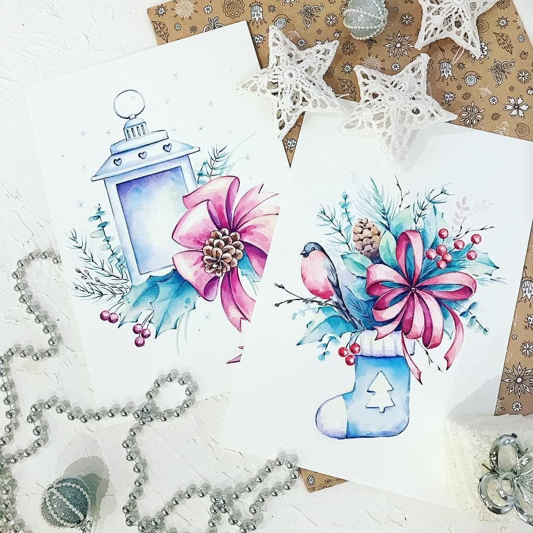 Новогодние открытки акварелью - очень нежные 7 открытки