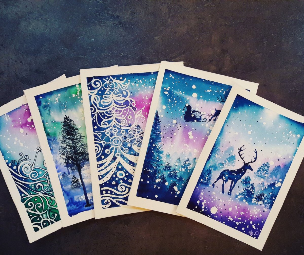 Новогодние открытки акварелью - очень нежные 6 открытки