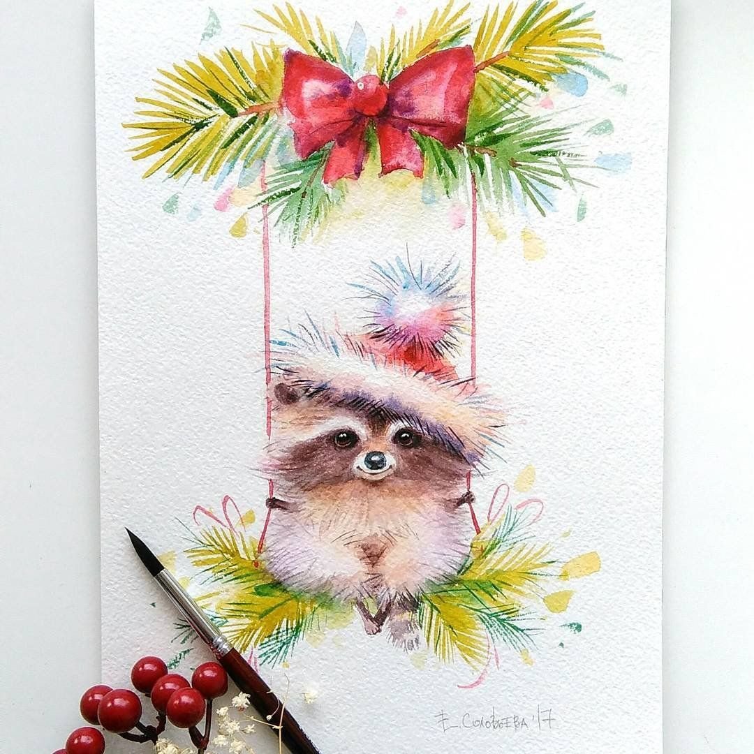 Новогодние открытки акварелью - очень нежные 10 открытки